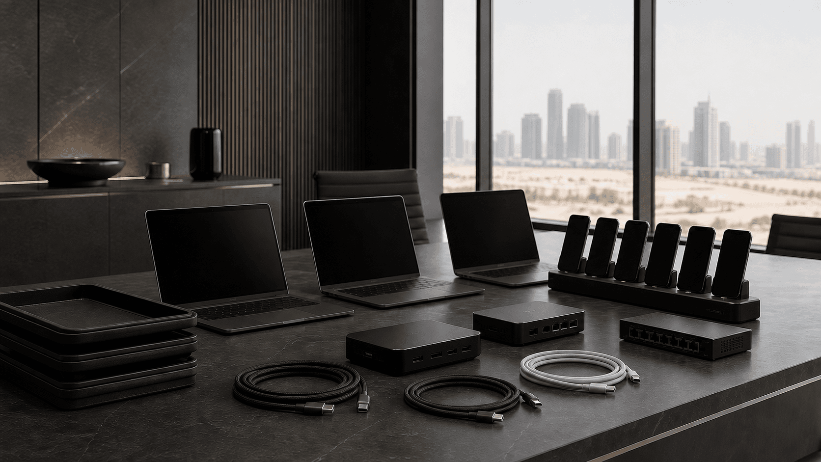 Laptops, mobile phones, network equipment, and cables arranged together for a business order
